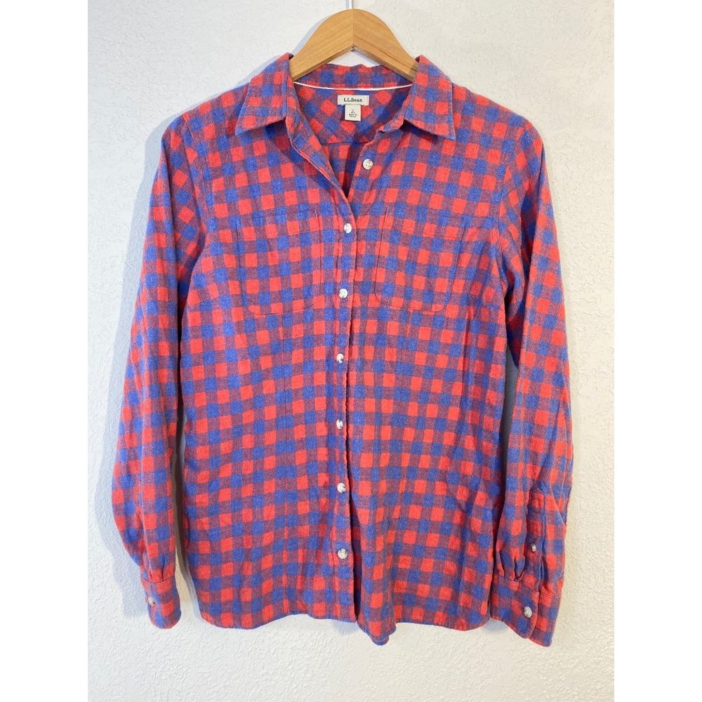 L.L. Bean Women's Size Small Flannel Plaid Button Down Shirt Blue Red